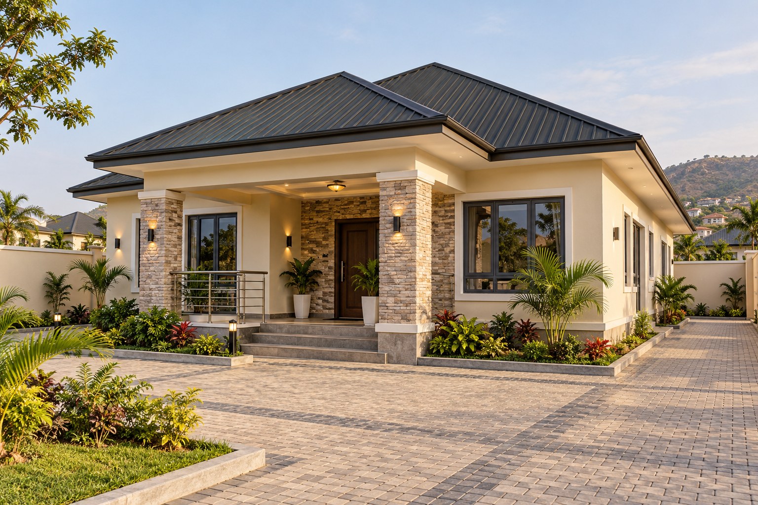 Illustrative Nigerian-style bungalow with a hipped roof, covered porch and paved compound